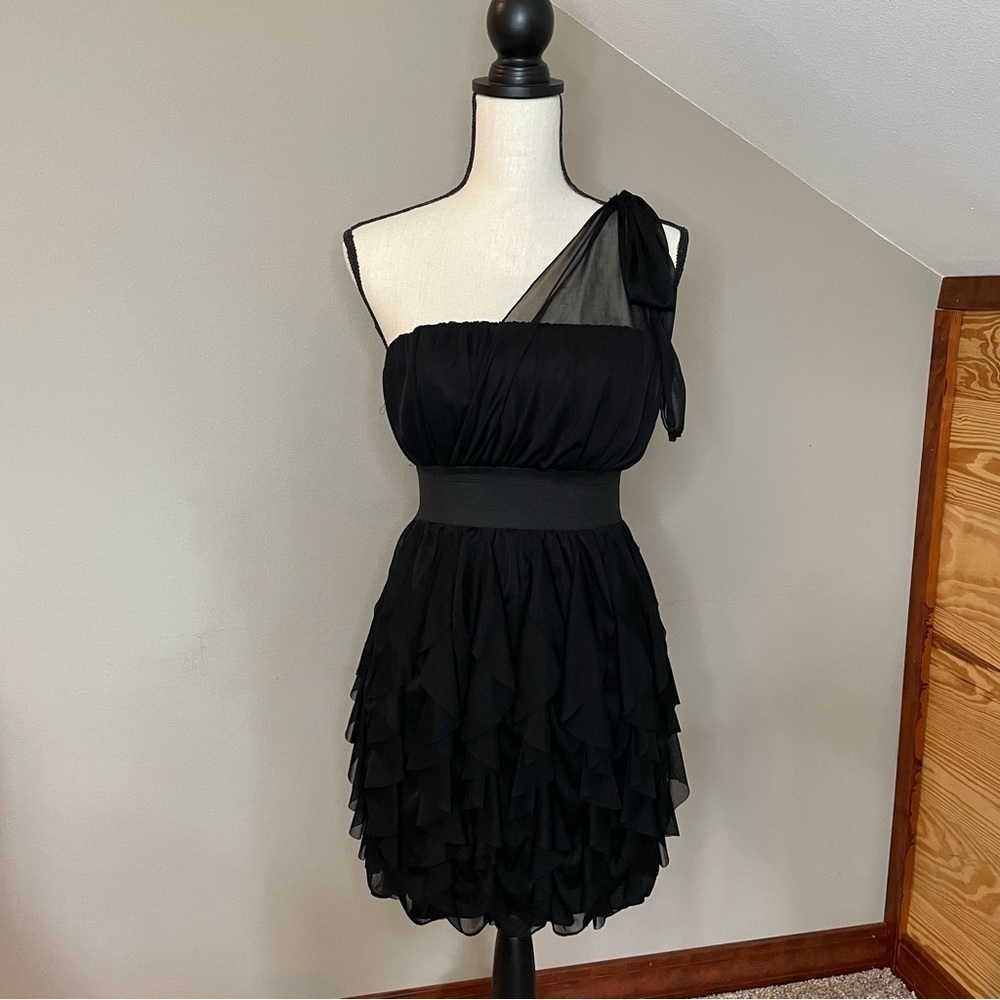 Roberta Black Strapless Ruffle Mini Dress With One Shoulder Sheer Overlay Medium